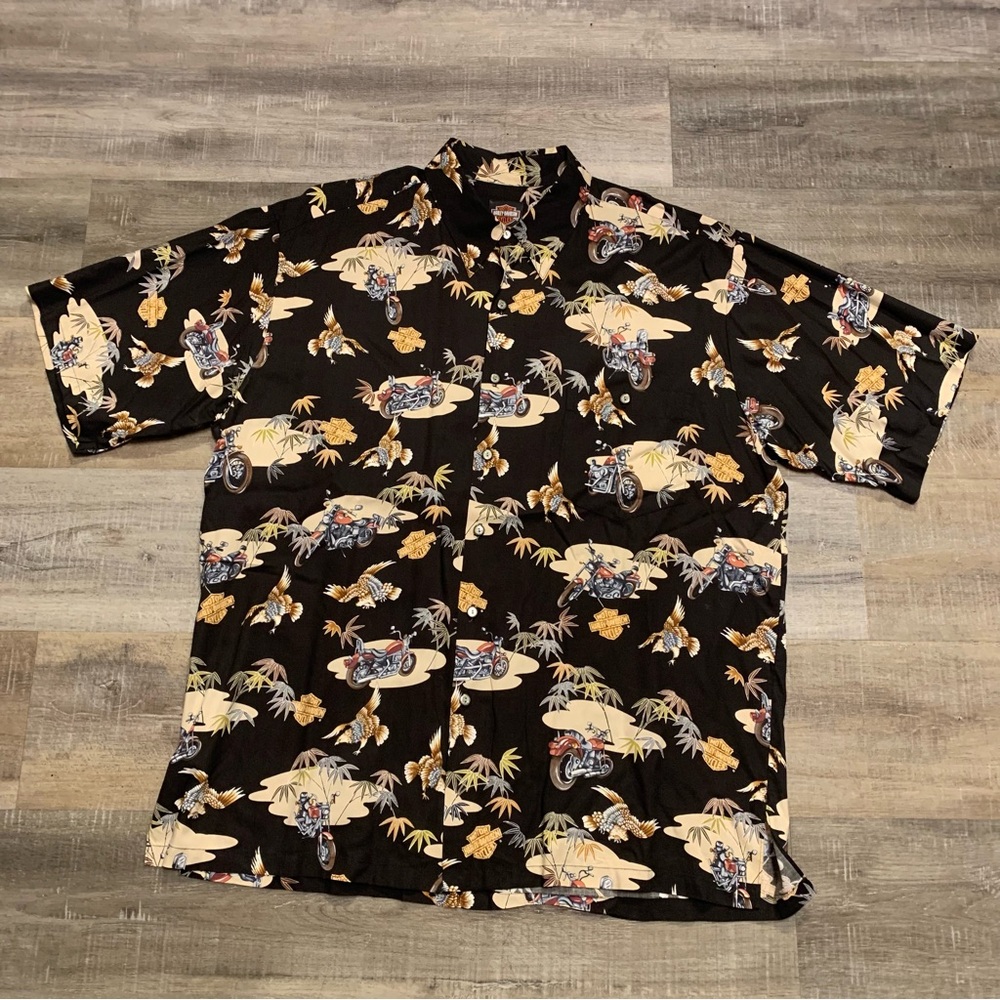 Harley Davidson Motorcycles Biker Graphic Hawaiian Button Up Vintage Shirt XL